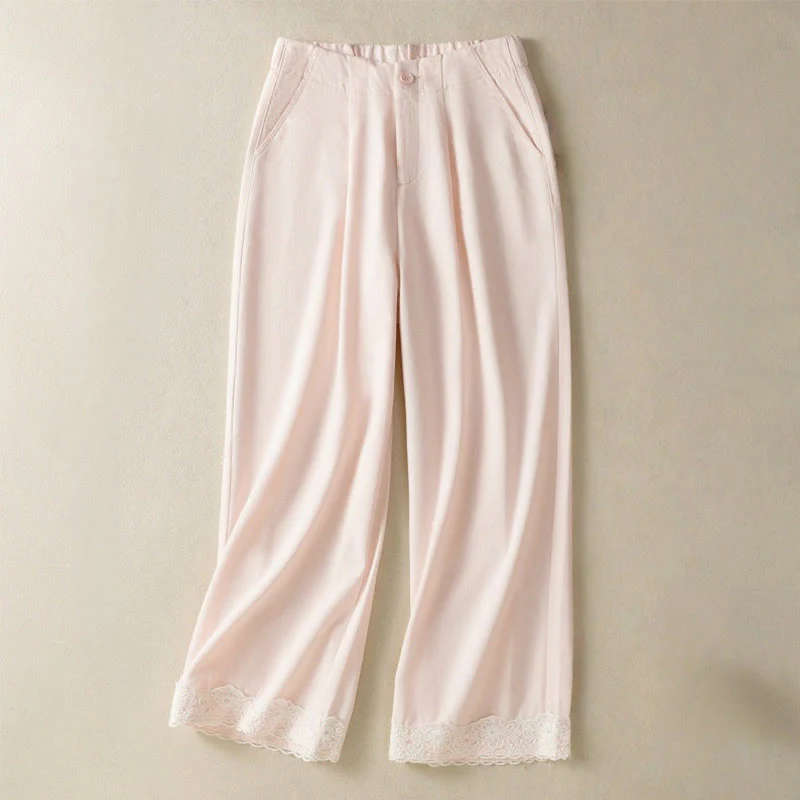 Buddha Stones Casual Lace Patchwork Design High Waist Women's Wide Leg Ankle-Length Pants With Pockets Zipper