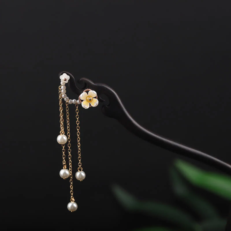 Buddha Stones Ebony Shell Flower Pearl Tassel Blessing Hairpin