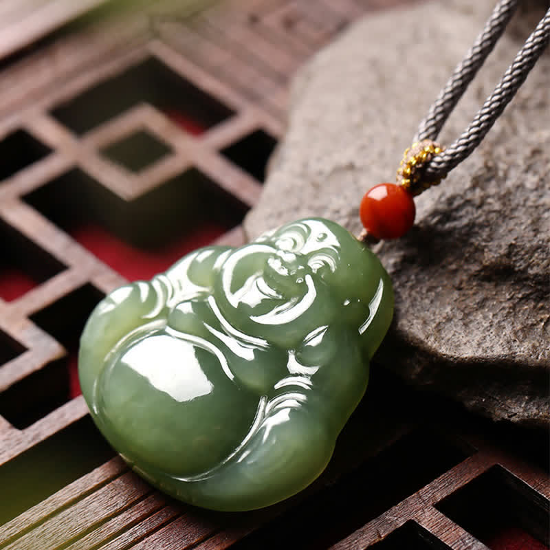 Buddha Stones Laughing Buddha Hetian Jade Abundance Necklace String Pendant