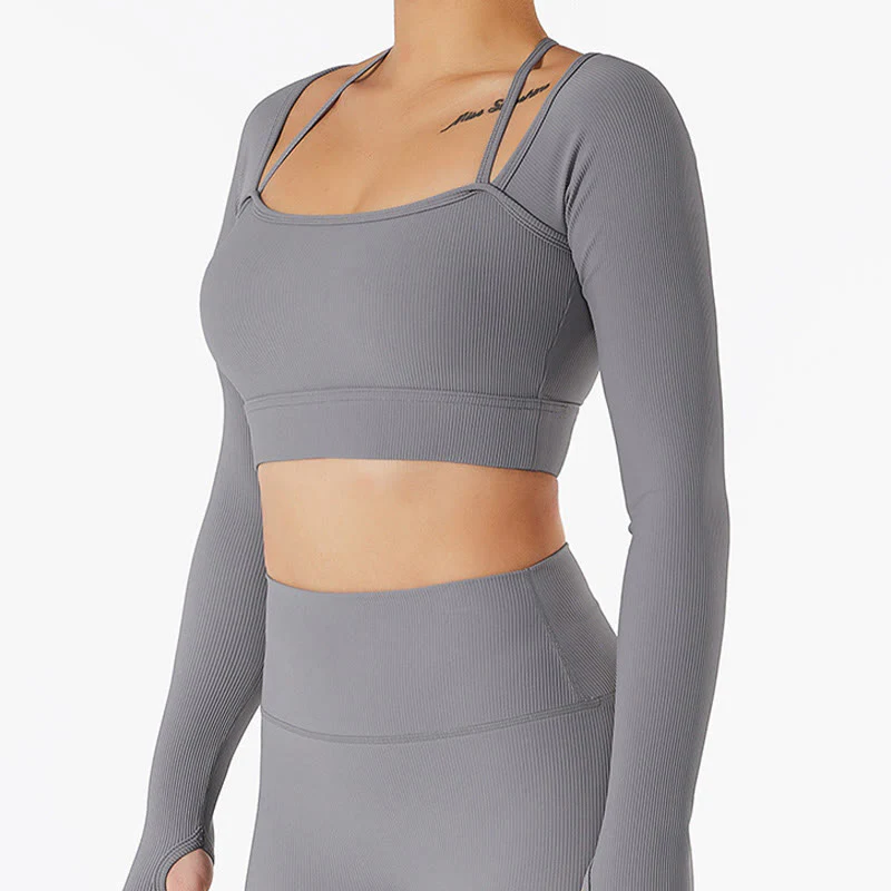 Buddha Stones Ribbed Long Sleeve Crop Top T-shirt Shorts Sports Fitness Gym Yoga Outfits