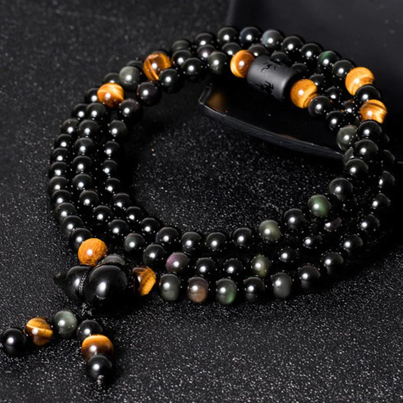 Buddha Stones Natural Black Obsidian Rainbow Obsidian Gourd Blessing Bracelet Mala