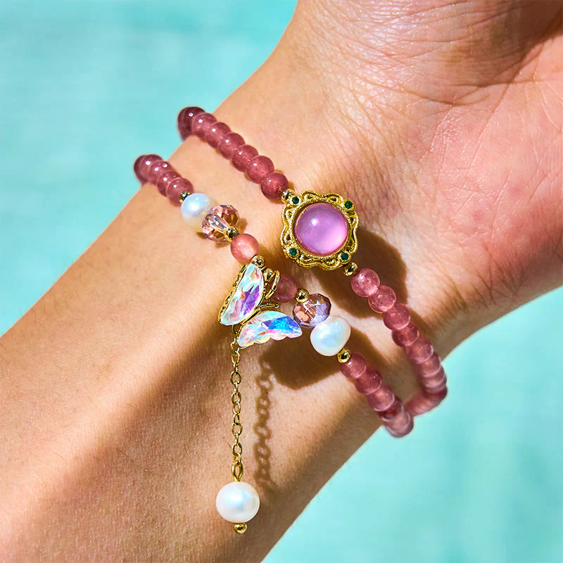 Buddha Stones Natural Strawberry Quartz Pearl Butterfly Water Drop Positive Double Wrap Bracelet