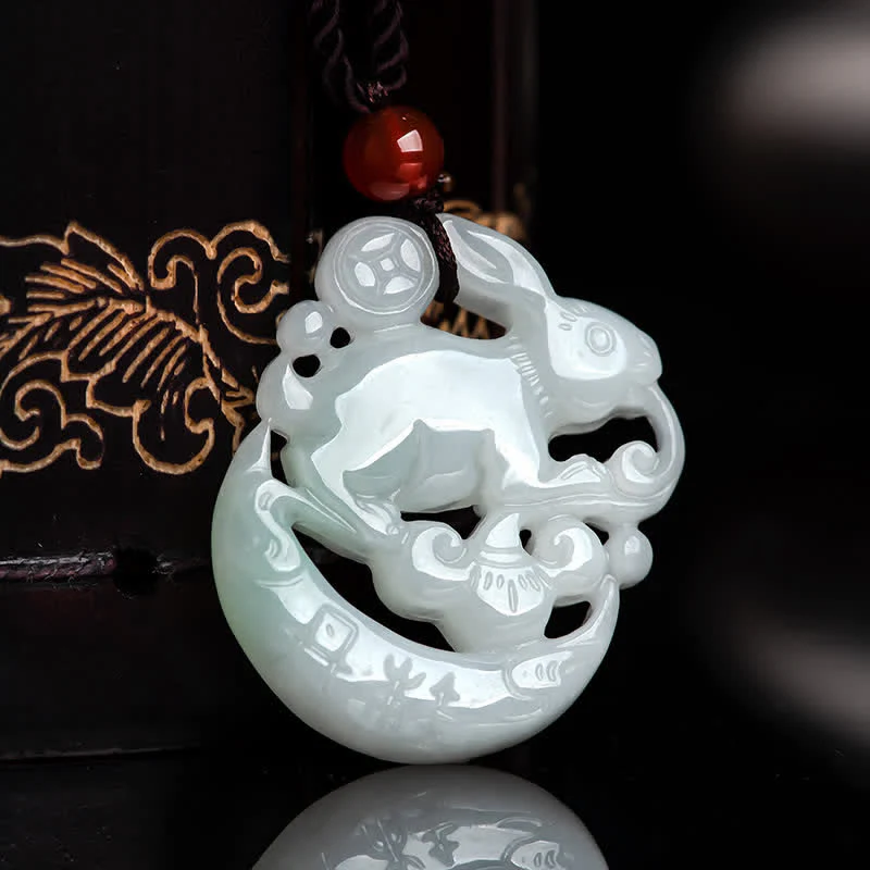 Buddha Stones Year of the Rabbit White Jade Crescent Moon Protection Necklace Pendant