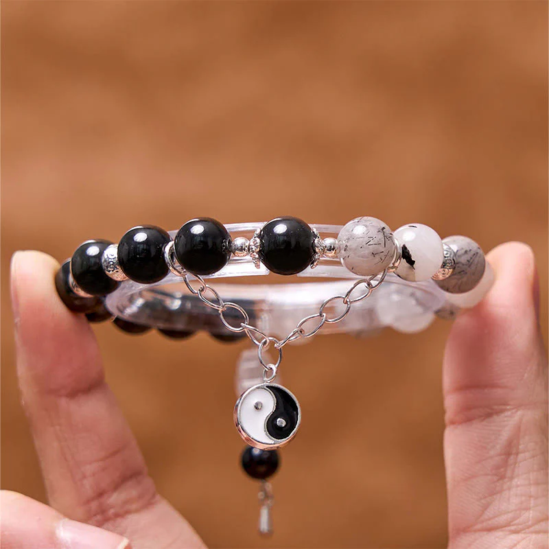 Buddha Stones Silver Sheen Obsidian Crackle Clear Quartz Black Rutilated Quartz Yin Yang Lotus Protection Bracelet