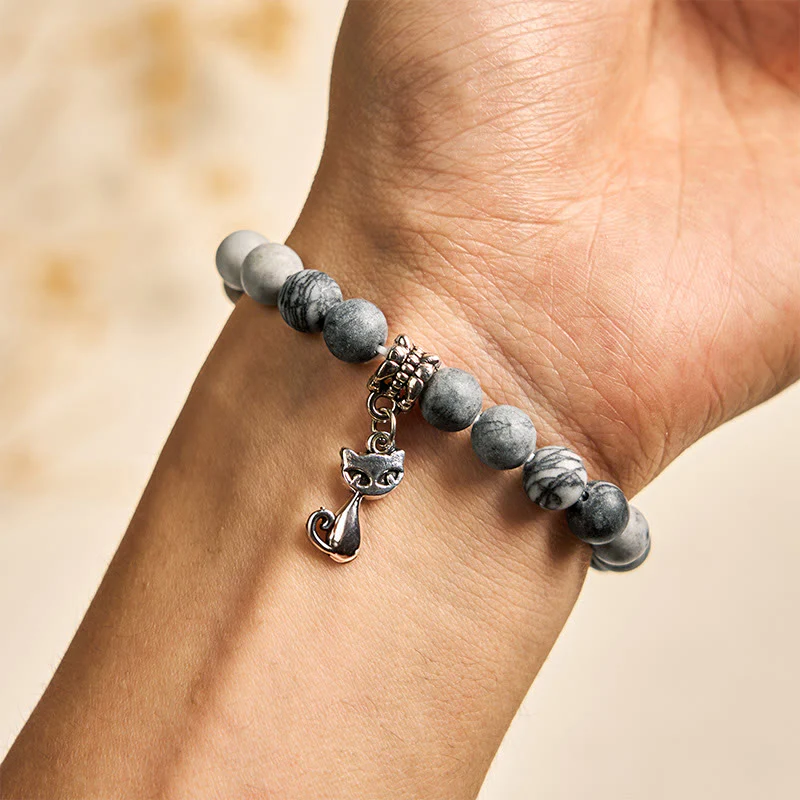 Buddha Stones Grey Tabby Cat Natural Black Veined Jasper Strength Bracelet