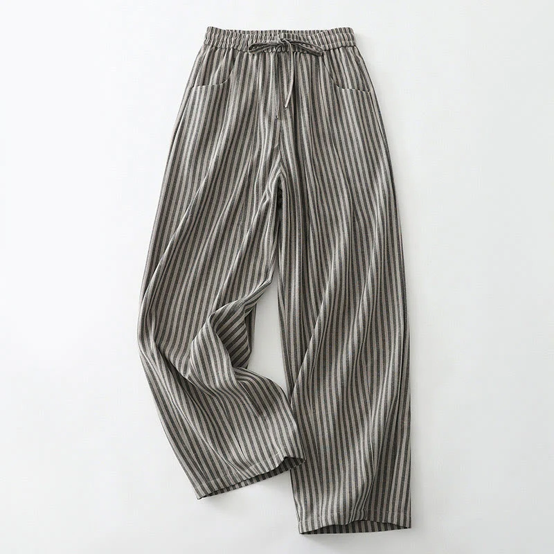 Buddha Stones Commute Striped Drawstring Design Women's Wide Leg Cotton Pants With Pockets