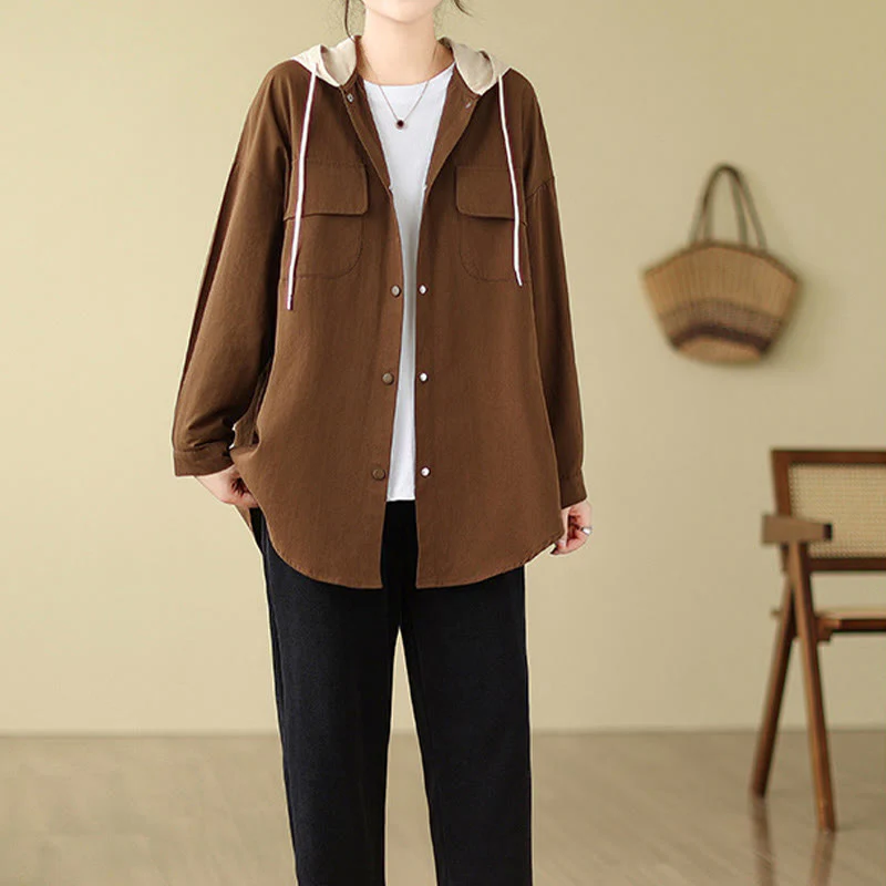 Buddha Stones Casual Commute Drawstring Hoodie Women's Cotton Linen Jacket With Pockets