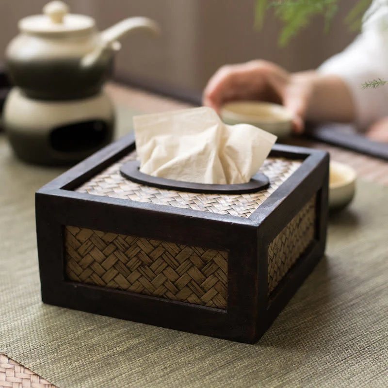 Buddha Stones Handmade Bamboo Woven Wood Tissue Box Wooden Tissue Holder Wipes Boxes Decoration