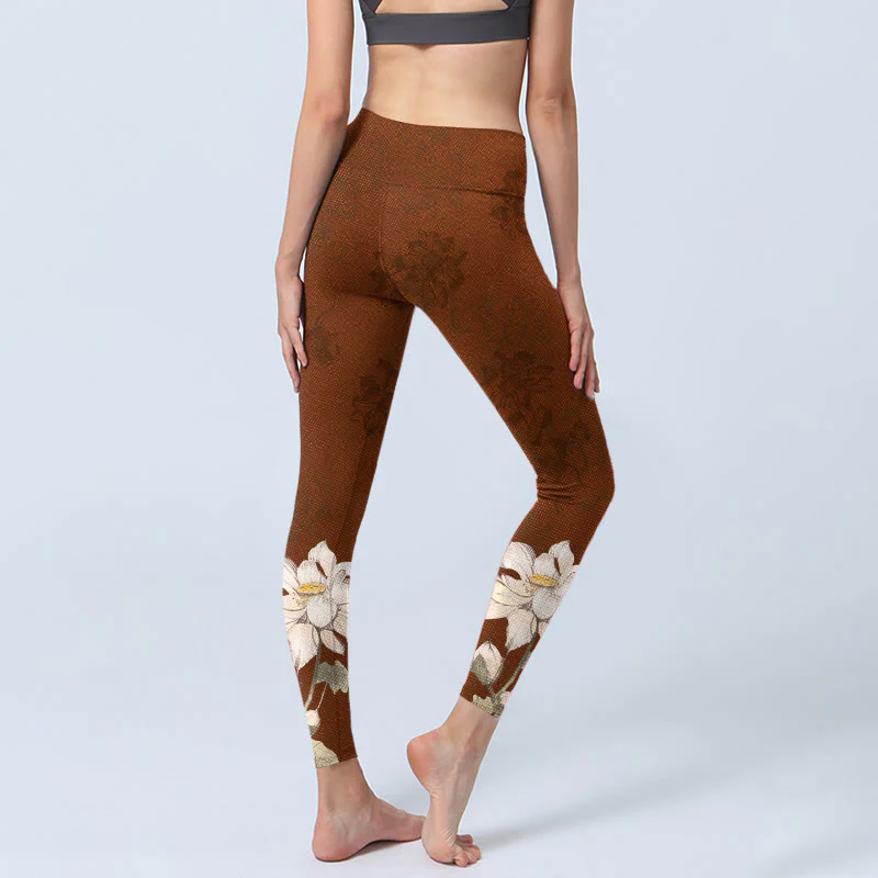 Buddha Stones Brown White Lotus Flower Print Gym Leggings Women's Yoga Pants