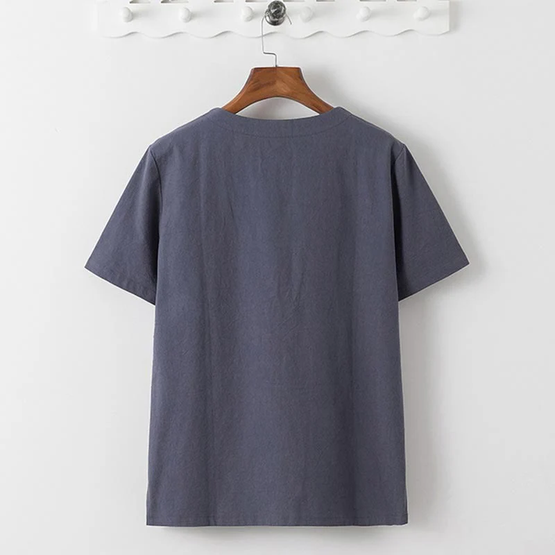 Buddha Stones Summer 2Pcs Plain Crew Neck T-Shirt Drawstring 7-8 Length Pants Cotton Linen Tang Suit Men's Meditation Cloth Set With Pockets