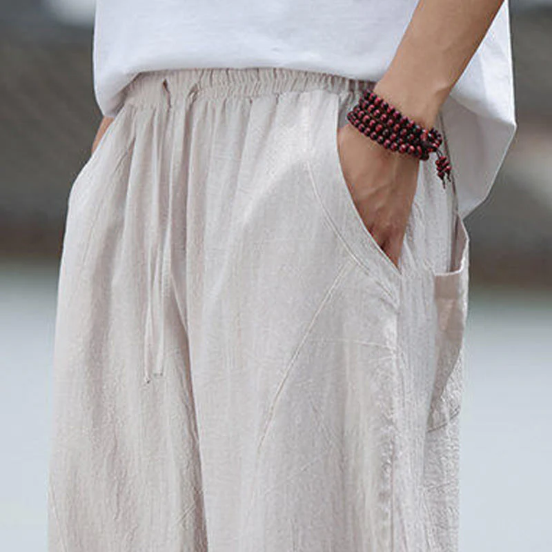 Buddha Stones Solid Drawstring Men's Elastic Waistband Cotton Linen Pants With Pockets