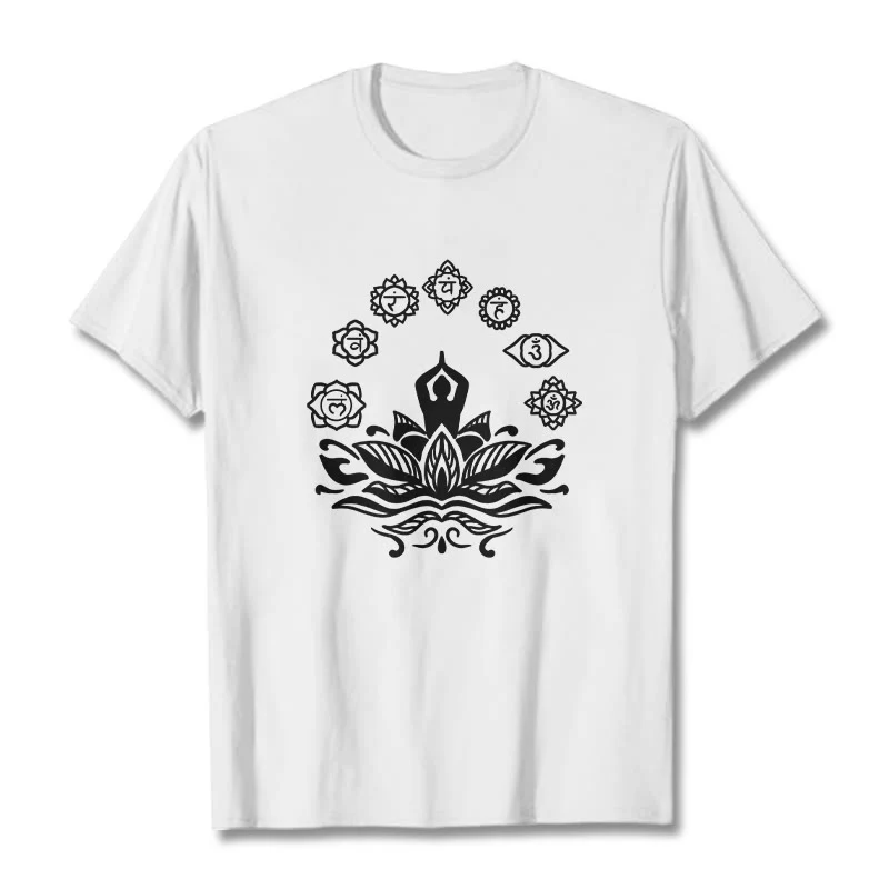 Buddha Stones Casual Meditating Figure Lotus Flower Seven Chakras Pattern Cotton Tee T-Shirt