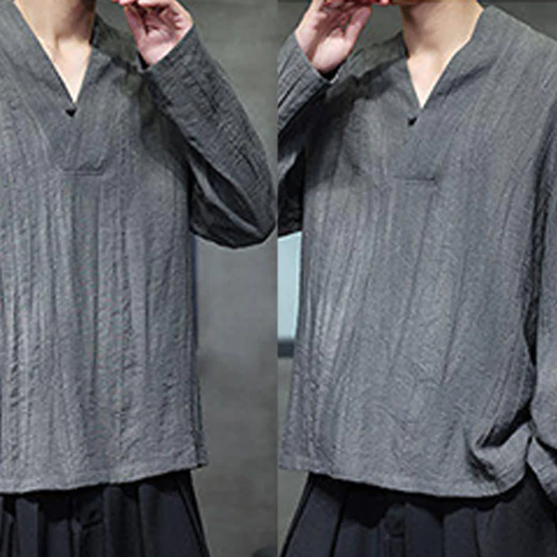 Buddha Stones Plain V-Neck Long Sleeve Men's Linen Shirt