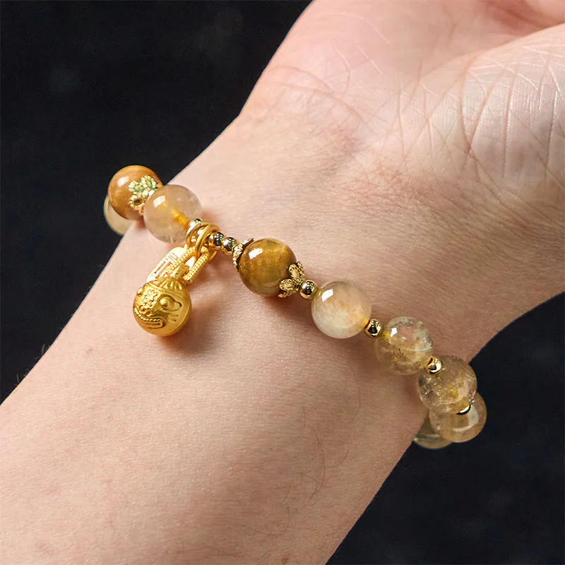 Buddha Stones Natural Rutilated Quartz Fu Character Metal Swallowing Beast Auspiciousness Bracelet