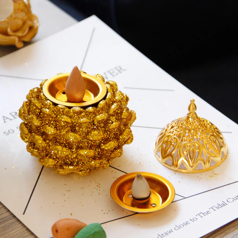 Buddha Stones Gold Pine Cone Pattern Spiritual Rituals Mini Incense Burner Home Tabletop Decor