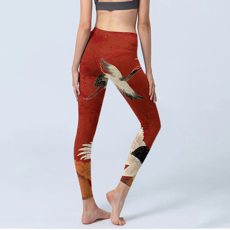 Buddha Stones Crane Print Lycra Fabric Fitness Leggings Women's Yoga Pants