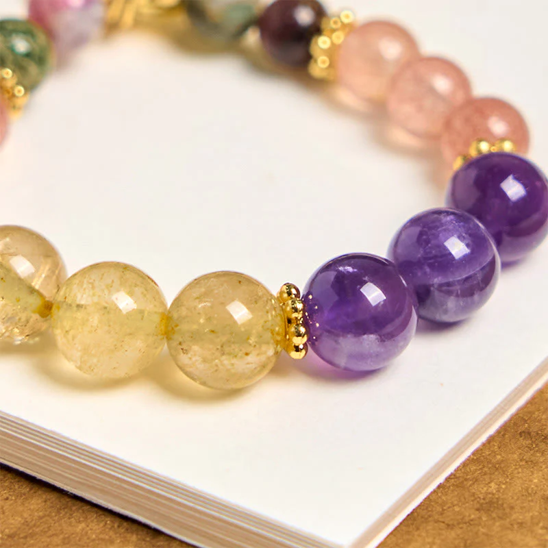 Buddha Stones Natural Strawberry Quartz Amethyst Citrine Beads Love Key Chain Hanging Decoration