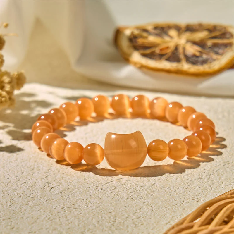 Buddha Stones Lovely Cat Head Pink Cat's Eye White Cat's Eye Spiritual Beads Bracelet