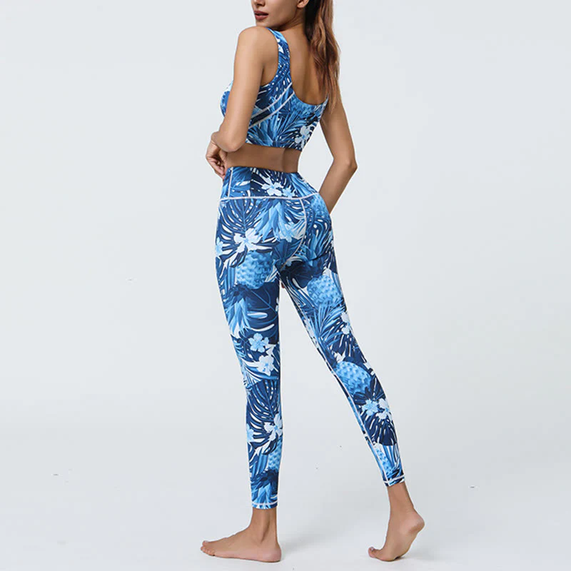 Buddha Stones 2Pcs Pineapple Grass Leaves Print Sports Fitness Crop Tank Bra High Waist Leggings Yoga Pants