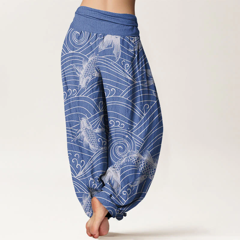 Buddha Stones Koi Fish Wave Pattern Women's Elastic Waist Harem Pants