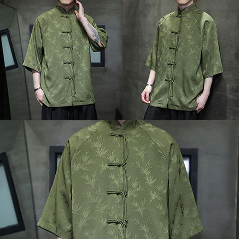 Buddha Stones Jacquard Bamboo Pattern Chinese Frog-Button Stand Collar Tang Suit Men's Cotton Shirt