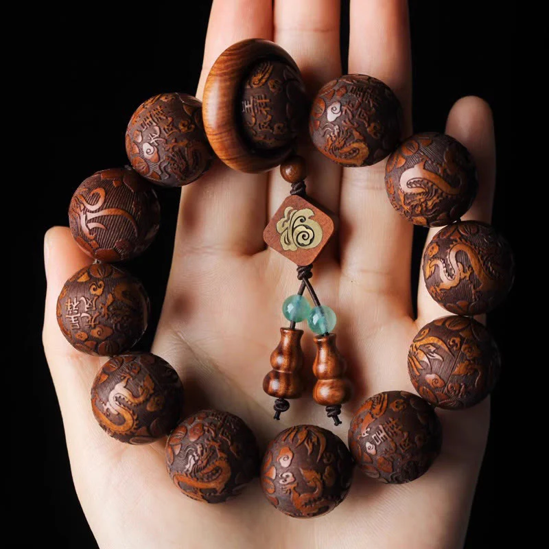 Buddha Stones Natural Carving Dragon And Phoenix Fu Character Gourd Rosewood Beads  Warmth Bracelet