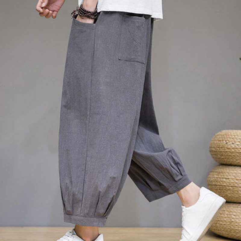 Buddha Stones Casual Plain Men's Cotton 7-8 Length Harem Pants With Pockets