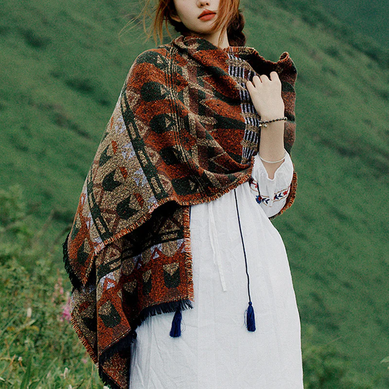 Buddha Stones Tibetan Shawl Classic Geometry Pattern Winter Cozy Travel Scarf Wrap