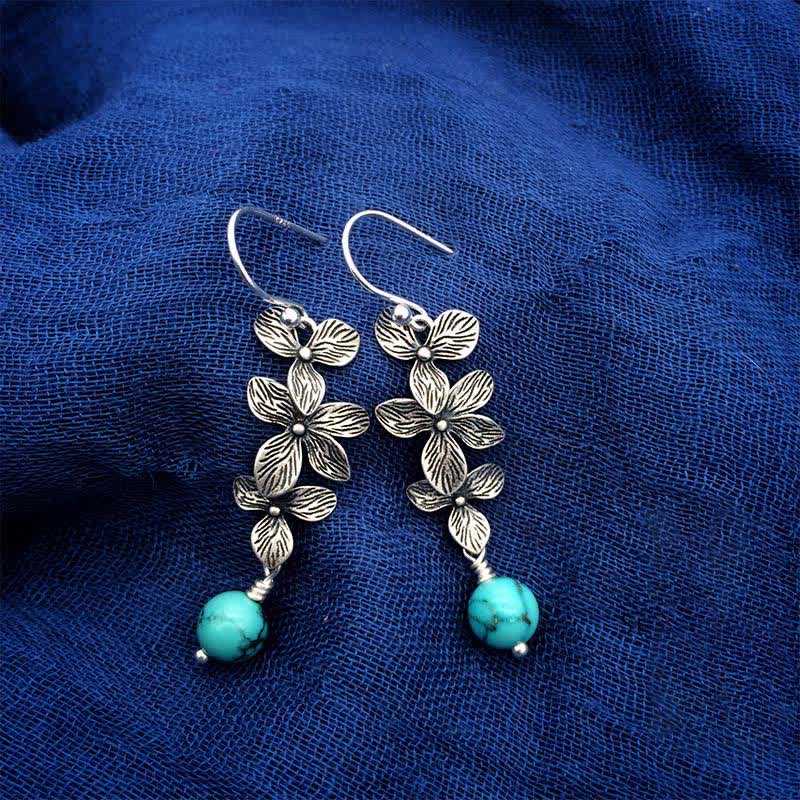 Buddha Stones 925 Sterling Silver Turquoise Lazurite Flower Leaf Serenity Protection Hook Drop Dangle Earrings