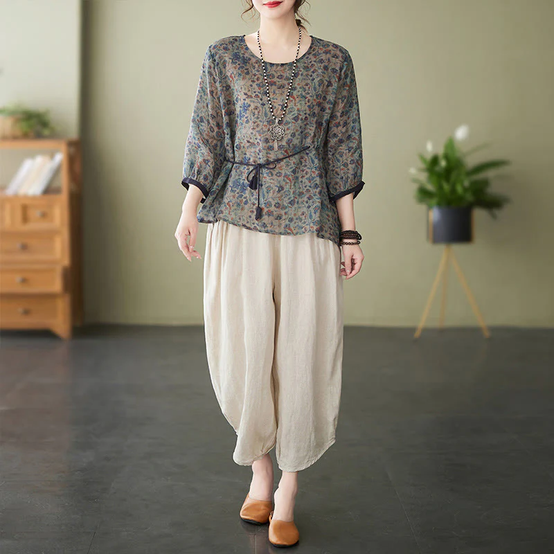 Buddha Stones 2Pcs Small Flower Tee T-shirt Cotton Linen Harem Pants Set