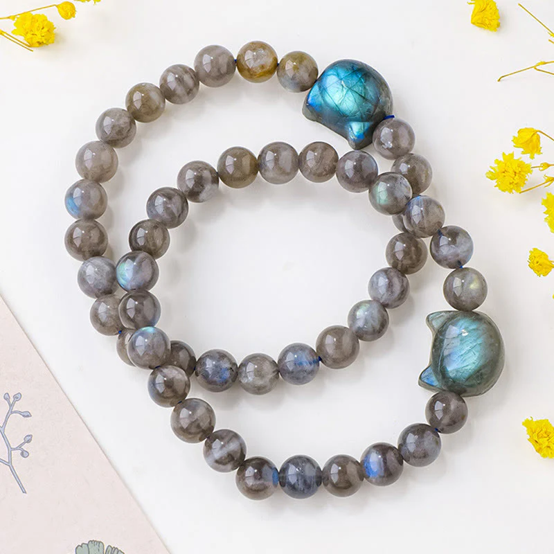 Buddha Stones Natural Labradorite Cute Cat Head Healing Change Bracelet