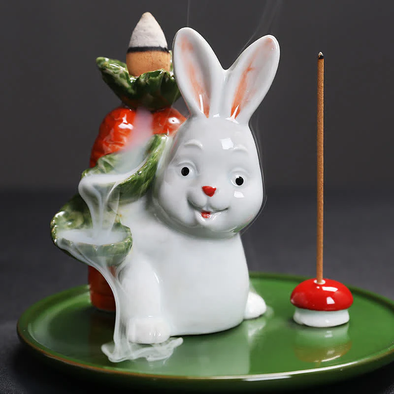 Year of the Rabbit Carrot Mushrooms Rabbit Ceramic Bunny Blessing Incense Burner (Extra 30% Off | USE CODE: FS30)
