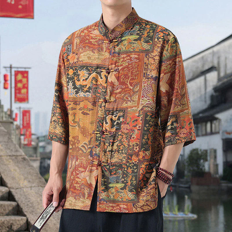 Buddha Stones Dragon Auspicious Clouds Green Mountains Chinese Frog-Button Men's Half Sleeve Cotton Linen Shirt
