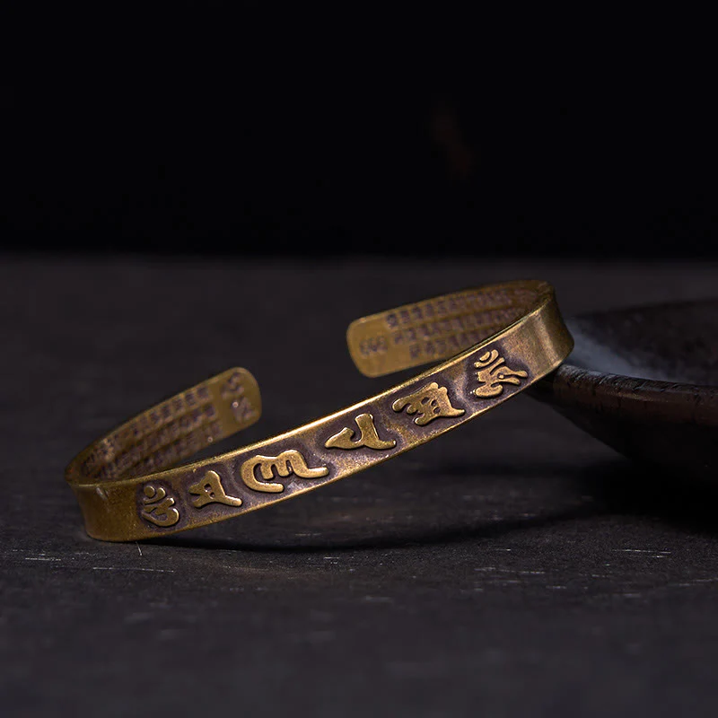 Buddha Stones Six True Words 'om Mani Padme Hum' Heart Sutra Copper Brass Wisdom Peace Cuff Bracelet Bangle