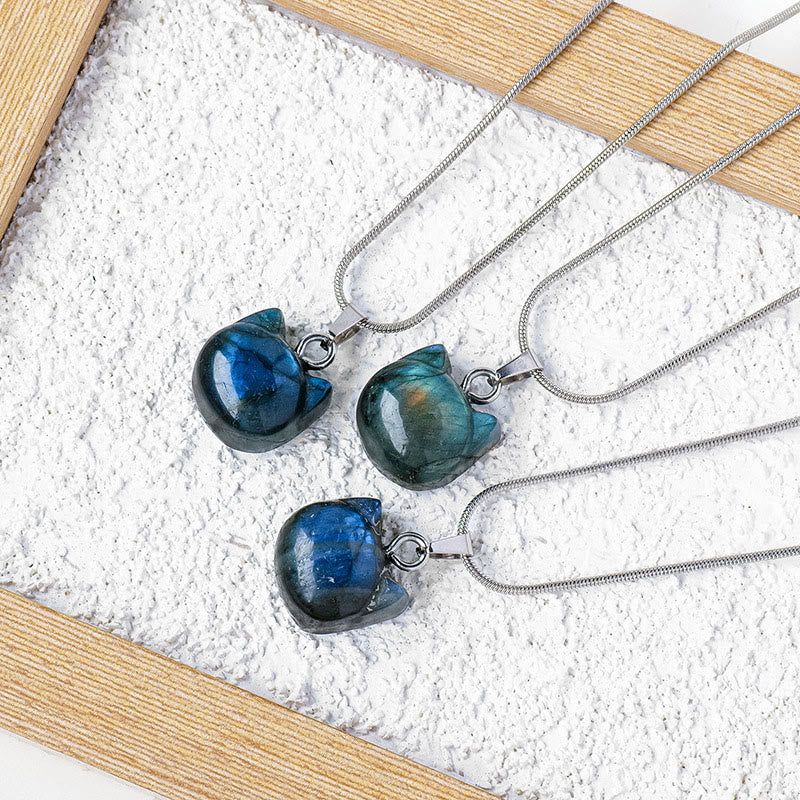 Buddha Stones Natural Cat Pattern Labradorite Healing Necklace Pendant