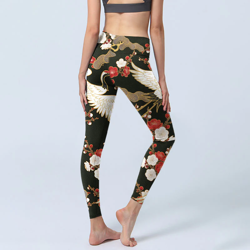 Buddha Stones Red Crowned Cranes Plum Blossoms Branches Pattern Print Gym Leggings Women's Yoga Pants