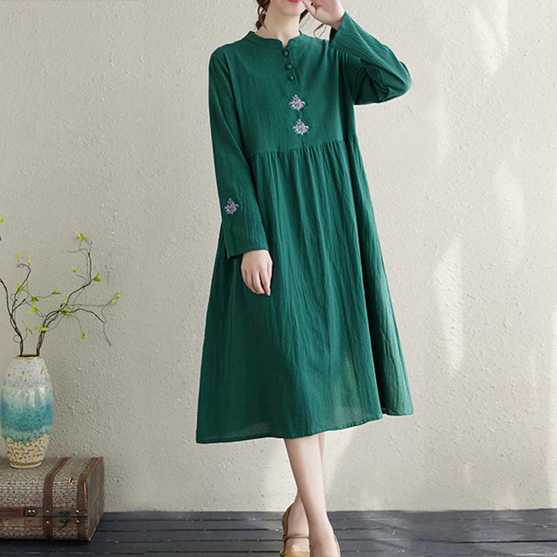 Buddha Stones Fall Ethnic Embroidery Cotton Linen Midi Dress With Pockets