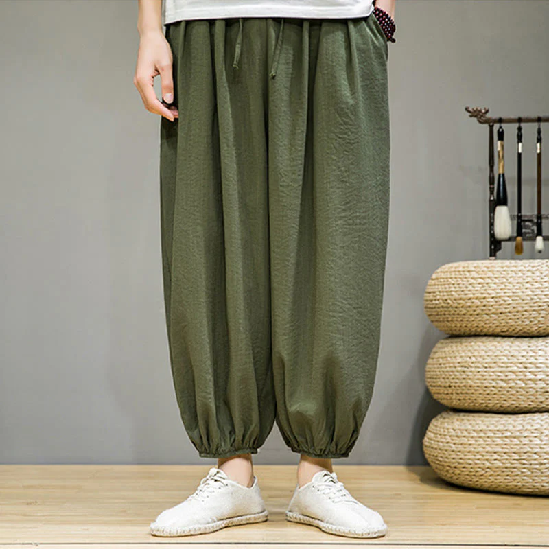 Buddha Stones Summer Plain Drawstring Men's Ankle-Length Cotton Harem Pants With Pockets