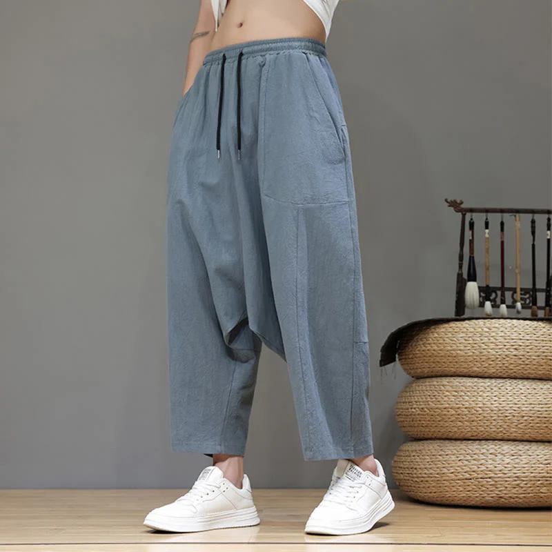 Buddha Stones Casual Plain Low Crotch Design Drawstring Men's Cotton Elastic Waistband Wide Leg Pants With Pockets