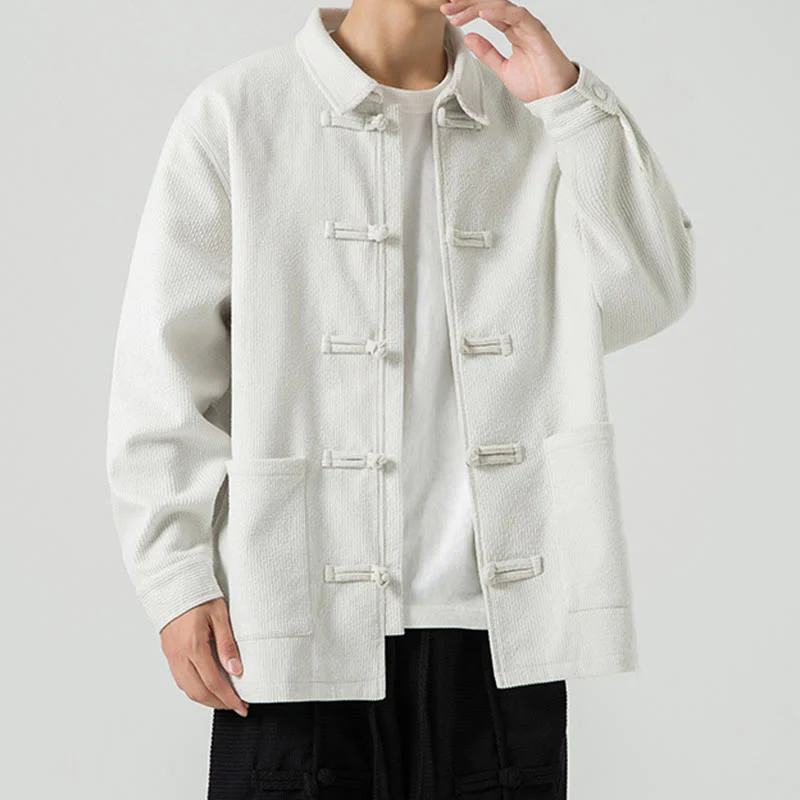 Buddha Stones Long Sleeve Frog-button Design Men's Polyester Jacket Shirt With Pockets