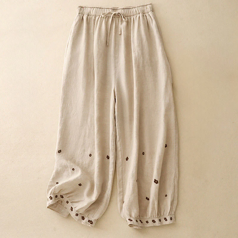 Buddha Stones Casual Embroidered Petals Women's Cotton Linen 7-8 Length Harem Pants With Pockets