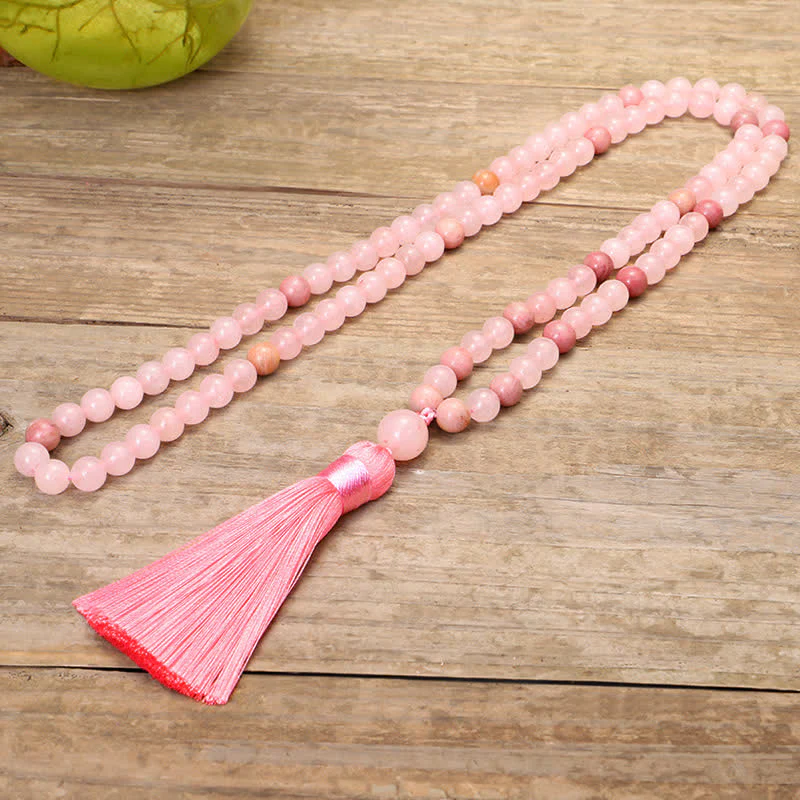 Buddha Stones 108 Mala Beads Pink Crystal Love Tassel Bracelet