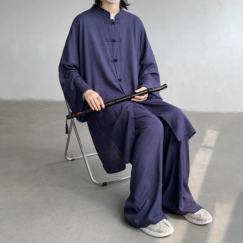 Buddha Stones 2Pcs Men's Long Sleeve Frog-Button Shirt Pants Meditation Zen Cotton Clothing Set