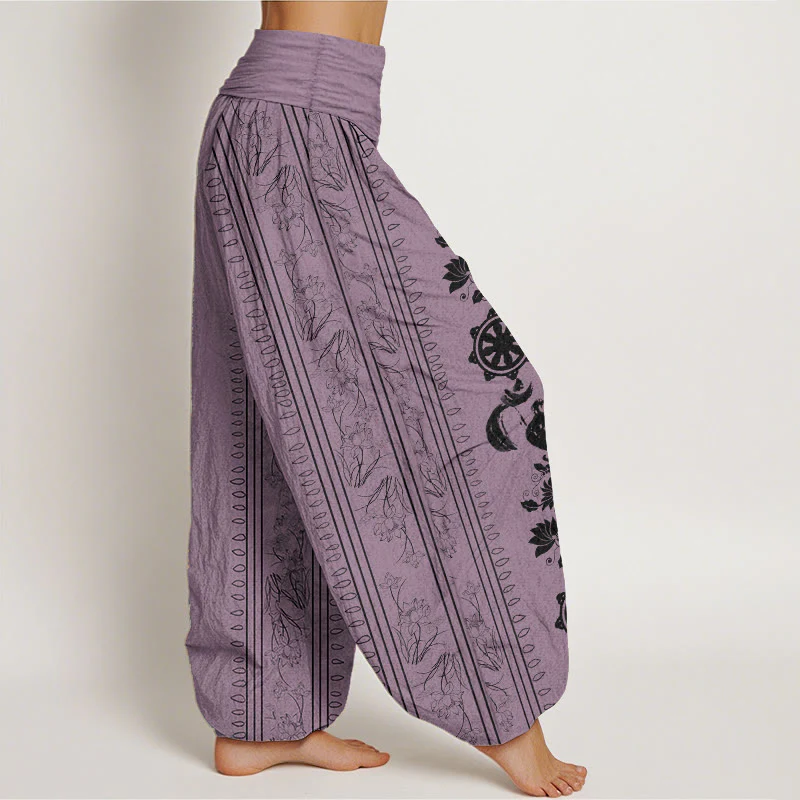 Buddha Stones Pure Cotton Dharma Wheel Lotus OM Pattern Women's Elastic Waist Harem Pants