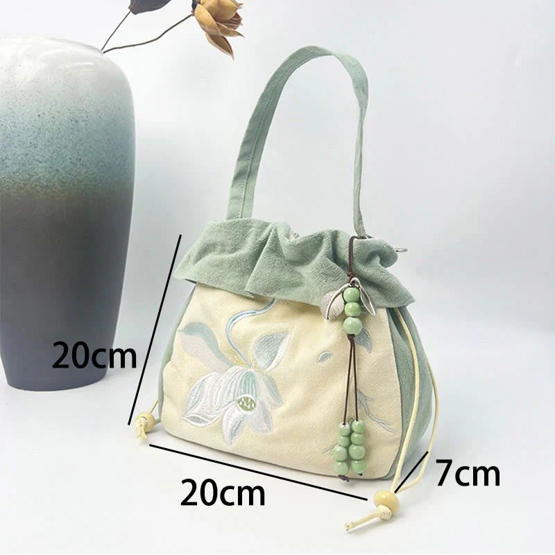 Buddha Stones Suzhou Embroidery Lotus Epiphyllum Magnolia Cotton Linen Tote Crossbody Bag Shoulder Bag Handbag