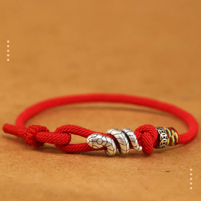 Buddha Stones Red String 925 Sterling Silver Year of the Snake Coin Ring Snake Luck Bracelet