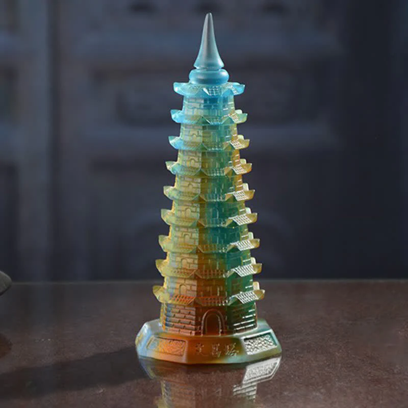 Buddha Stones Feng Shui Wenchang Tower Handmade Liuli Crystal Pagoda Art Piece Luck Home Office Decoration