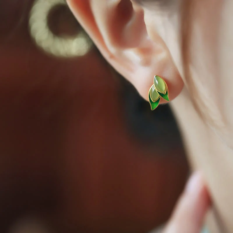 Buddha Stones 925 Sterling Silver Jade Leaf Prosperity Earrings