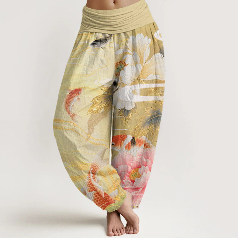 Buddha Stones Casual Peony Koi Fish Golden-Edged Leaves Pattern Women's Elastic Waist Harem Pants