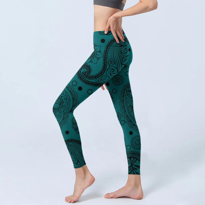 Buddha Stones Deep Green Cashew Flower Petals Print Gym Leggings Women's Yoga Pants